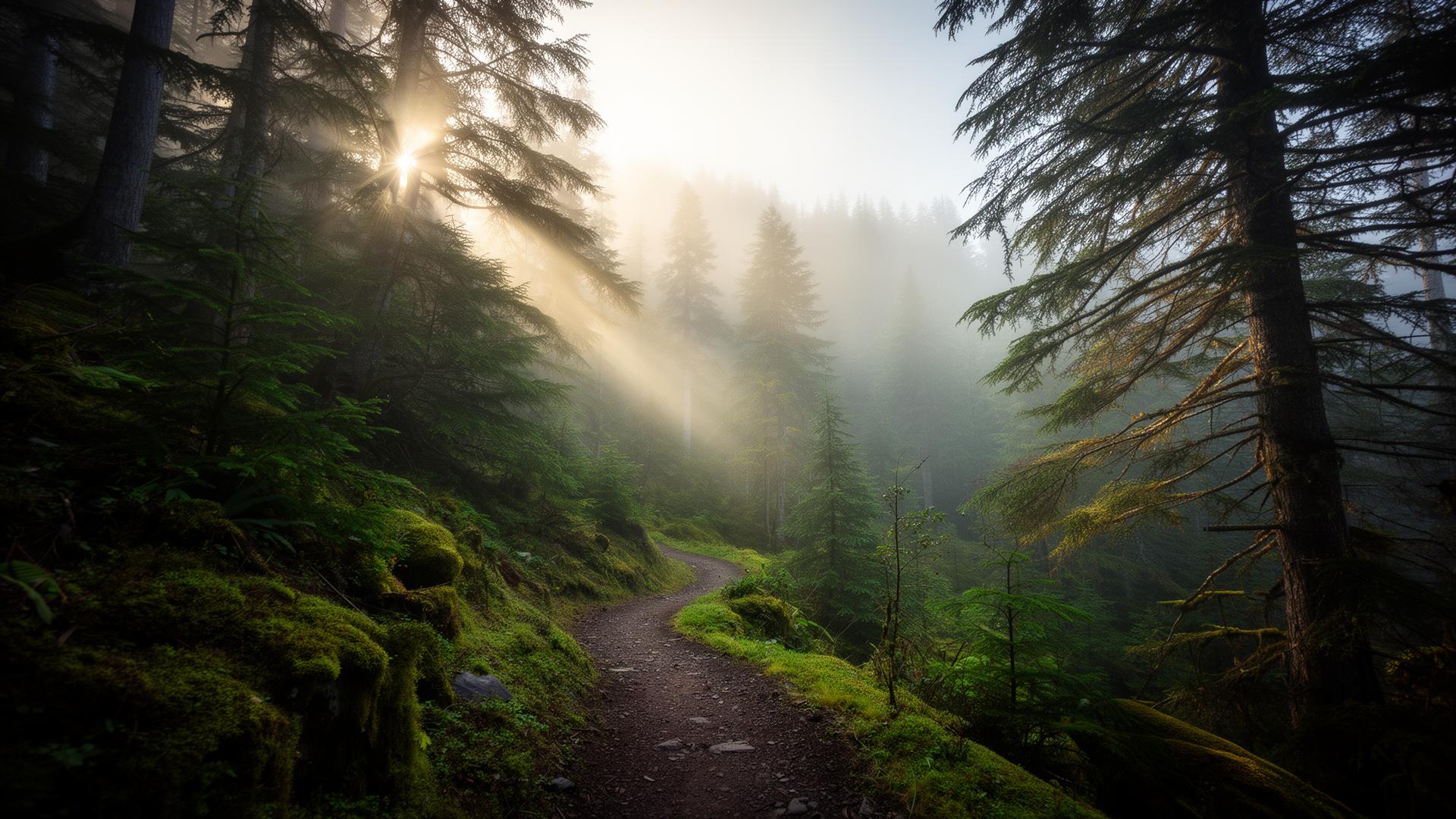 Misty forest trail at dawn